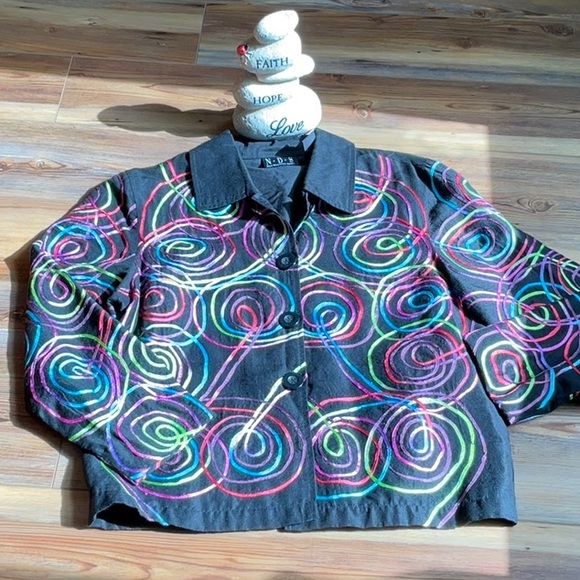 💖New Direction Sport black jacket with swirly colored ribbons, front buttons - Picture 2 of 4